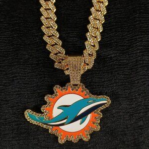 NFL Miami Dolphins 20 Inch Necklace Pendant Cuban Chain Link Football Jewelry